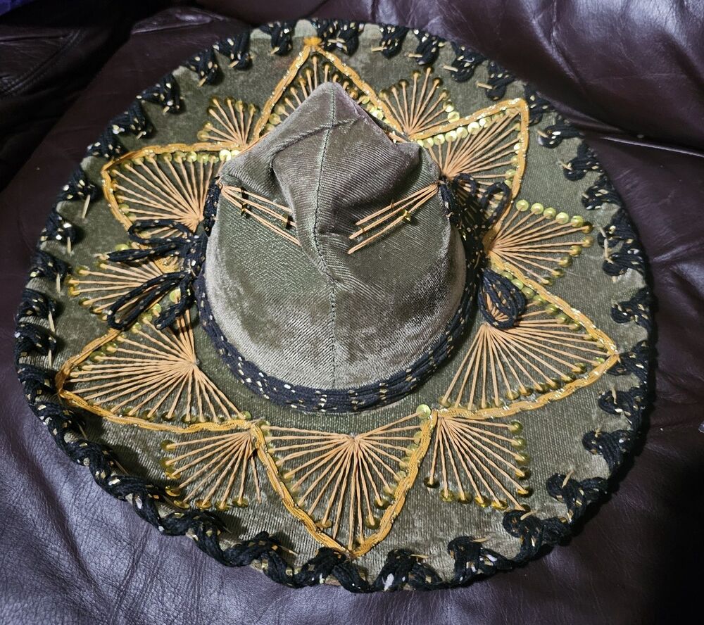 Pigalle Child Sz Gonzales Mariachi Sombrero Green Velvet With Gold And Black